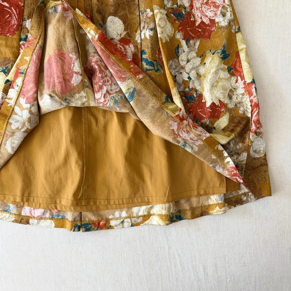 Tahari Arthur‎ S Levine Cottagecore Floral Mustard A-Line Pleated Skirt 12